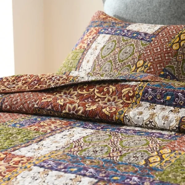 Cotton Bedspread Quilt Sets Reversible Coverlet Sets Comforters Vintage Bohemian Patchwork Bedspread (Brown, King Size) - Image 2