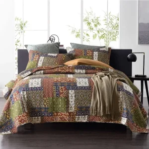 Cotton Bedspread Quilt Sets Reversible Coverlet Sets Comforters Vintage Bohemian Patchwork Bedspread (Brown, King Size)
