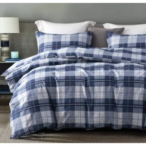 600 Thread Count Cotton Navy Blue & Grey Buffalo Pattern Blue Plaid Comforter Sets,Down Alternative Bedding Set 3Pcs, Comforters